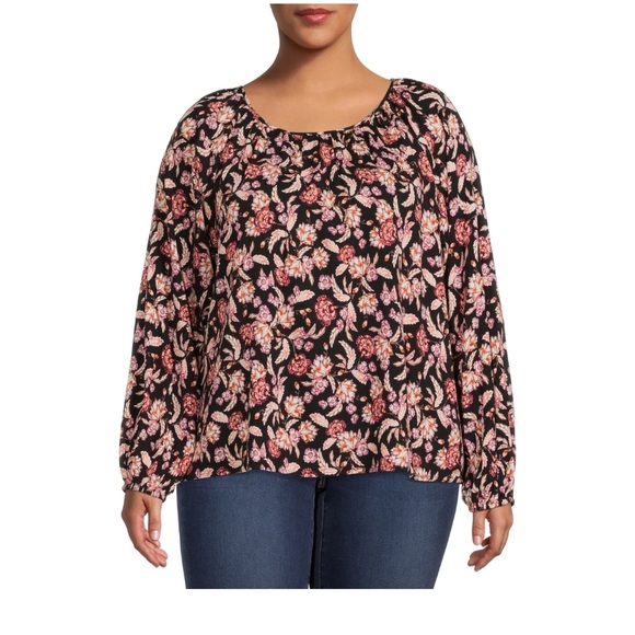 Terra & Sky NWT Plus Size Long Sleeve Round Neck Relaxed Fit Peasant Top 843 - Picture 2 of 5